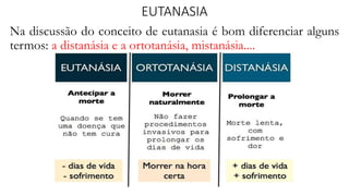 EUTANASIA
Na discussão do conceito de eutanasia é bom diferenciar alguns
termos: a distanásia e a ortotanásia, mistanásia....
 