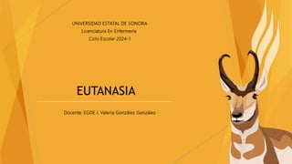 EUTANASIA
UNIVERSIDAD ESTATAL DE SONORA
Licenciatura En Enfermería
Ciclo Escolar 2024-1
Docente: EGDE J. Valeria González González
 