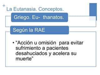 +
La Eutanasia. Conceptos.
Griego. Eu- thanatos.
• “Acción u omisión para evitar
sufrimiento a pacientes
desahuciados y acelera su
muerte”
Según la RAE
 