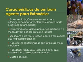 Características de um bom agente para Eutanásia: Promover indução suave, sem dor, sem alterações comportamentais, sem causar medo, espasmos ou ansiedade; Causar indução rápida, pois a inconsciência e a morte devem ocorrer de forma rápida; Ser seguro e de fácil utilização para o profissional que manipula o agente; Não causar contaminação sanitária e ao meio ambiente; Não deixar resíduos ou lesões teciduais que poderiam vir a prejudicar a necropsia; Custo acessível. 