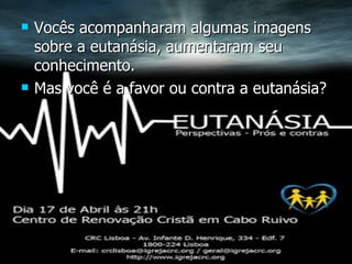 Vocês acompanharam algumas imagens sobre a eutanásia, aumentaram seu conhecimento. Mas você é a favor ou contra a eutanásia?  
