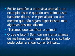 Existe também a eutanásia animal e um exemplo disso é quando um animal está bastante doente e especialistas ou até mesmo que não sejam especialistas mas algumas pessoas dizem: -Teremos que sacrificar o animal! O que é isso!!! Sem dar nenhuma chance de melhoras sem nem confiar se o coitado pode voltar a andar correr brincar... 