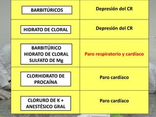Depresión del CR
Depresión del CR
Paro respiratorio y cardíaco
Paro cardíaco
Paro cardíaco
BARBITÚRICOS
HIDRATO DE CLORAL
BARBITÚRICO
HIDRATO DE CLORAL
SULFATO DE Mg
CLORHIDRATO DE
PROCAÍNA
CLORURO DE K +
ANESTÉSICO GRAL
 