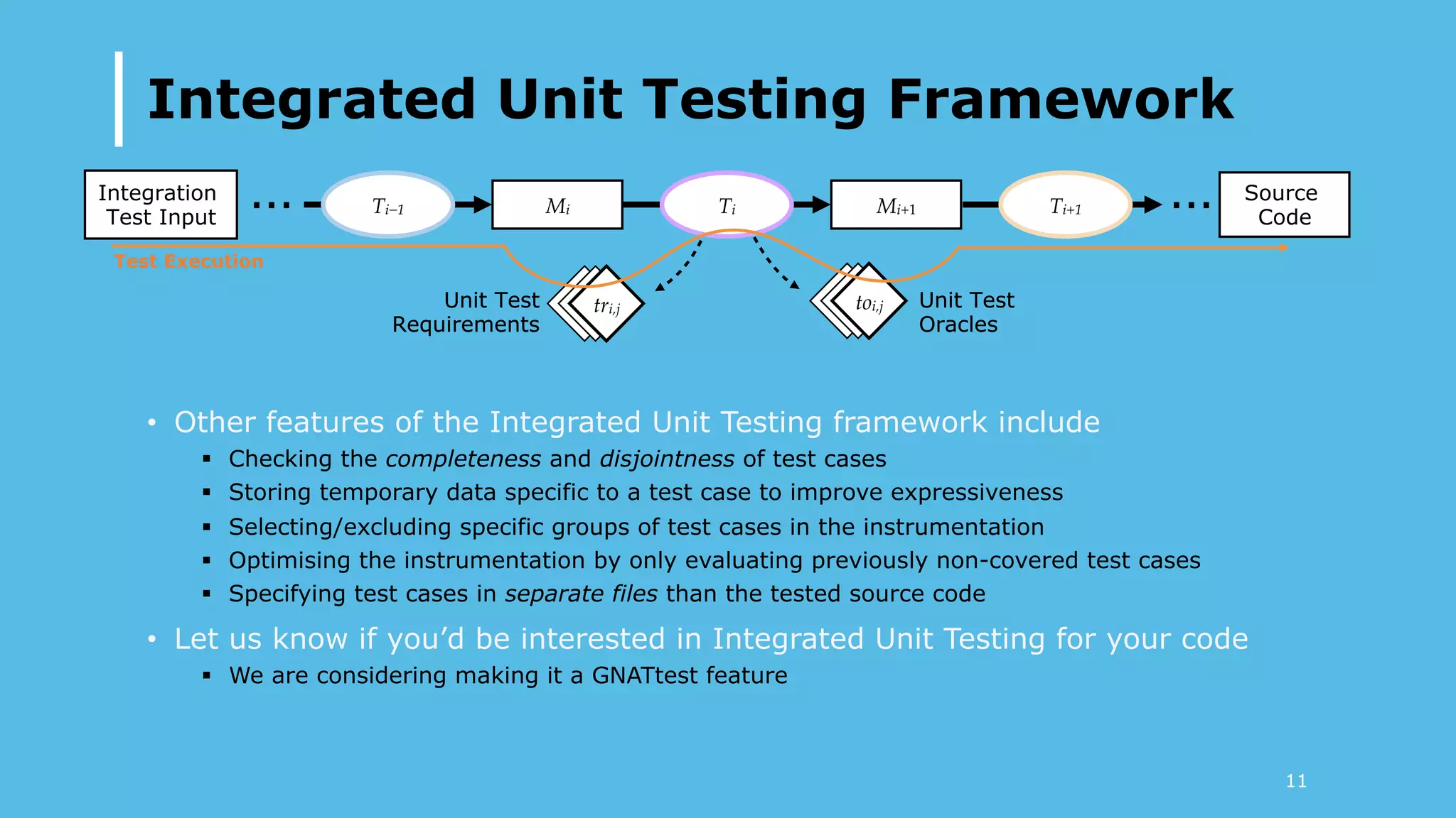 Integrated Unit Testing Framework
•  Other features of the Integrated Unit Testing framework include
§  Checking the completeness and disjointness of test cases
§  Storing temporary data specific to a test case to improve expressiveness
§  Selecting/excluding specific groups of test cases in the instrumentation
§  Optimising the instrumentation by only evaluating previously non-covered test cases
§  Specifying test cases in separate files than the tested source code
•  Let us know if you’d be interested in Integrated Unit Testing for your code
§  We are considering making it a GNATtest feature
11
Unit Test
Requirements
Unit Test
Oracles
Integration
Test Input
Ti−1 TiMi
Source
Code
Ti+1Mi+1
Unit Test
Requirements
tri,jtri,jtri,j tri,jtri,jtoi,j Unit Test
Oracles
Test Execution
… …
 