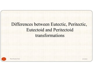 Differences between Eutectic, Peritectic,
Eutectoid and Peritectoid
transformationstransformations
8/5/2018Prem Kumar Soni1
 