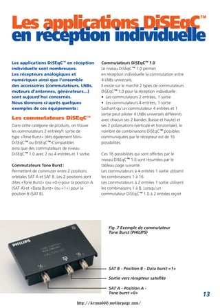 Les applications DiSEqC™ en réception
individuelle sont nombreuses.
Les récepteurs analogiques et
numériques ainsi que l’ensemble
des accessoires (commutateurs, LNBs,
moteurs d’antennes, générateurs…)
sont aujourd’hui concernés.
Nous donnons ci-après quelques
exemples de ces équipements :
Les commutateurs DiSEqC™
Dans cette catégorie de produits, on trouve
les commutateurs 2 entrées/1 sortie de
type «Tone Burst» (dits également Mini-
DiSEqC™ ou DiSEqC™-Compatible)
ainsi que des commutateurs de niveau
DiSEqC™ 1.0 avec 2 ou 4 entrées et 1 sortie.
Commutateurs Tone Burst:
Permettent de commuter entre 2 positions
orbitales SAT A et SAT B. Les 2 positions sont
dites «Tone Burst» (ou «0») pour la position A
(SAT A) et «Data Burst» (ou «1») pour la
position B (SAT B).
13
Commutateurs DiSEqC™ 1.0
Le niveau DiSEqC™ 1.0 permet
en réception individuelle la commutation entre
4 LNBs universels.
Il existe sur le marché 2 types de commutateurs
DiSEqC™ 1.0 pour la réception individuelle:
• Les commutateurs 2 entrées, 1 sortie
• Les commutateurs 4 entrées, 1 sortie
Sachant qu’un commutateur 4 entrées et 1
sortie peut piloter 4 LNBs universels différents
avec chacun ses 2 bandes (basse et haute) et
ses 2 polarisations (verticale et horizontale), le
nombre de combinaisons DiSEqC™ possibles
communiquées par le récepteur est de 16
possibilités.
Ces 16 possibilités qui sont offertes par le
niveau DiSEqC™ 1.0 sont résumées par le
tableau page suivante.
Les commutateurs à 4 entrées 1 sortie utilisent
les combinaisons 1 à 16.
Les commutateurs à 2 entrées 1 sortie utilisent
les combinaisons 1 à 8. Lorsqu’un
commutateur DiSEqC™ 1.0 à 2 entrées reçoit
Les applications DiSEqC™
en réception individuelle
Fig. 7 Exemple de commutateur
Tone Burst (PHILIPS)
SAT A - Position A -
Tone burst «0»
Sortie vers récepteur satellite
SAT B - Position B - Data burst «1»
http://krimo666.mylivepage.com/
 