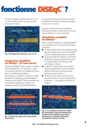 fonctionne DiSEqC™
?
La figure 3 détaille la manière dont les «0» et
«1» sont obtenus à partir du signal 22 kHz
ainsi que leur durée.
Adaptation simplifiée
du DiSEqC™ (le tone burst)
Le protocole DiSEqC™, dans sa version simplifiée
dite «Mini-DiSEqC™» ou «Tone-Burst», utilise
une succession de 9 bits «0» (satellite A) ou de 9
bits «1» (satellite B) pour piloter un
commutateur à 2 entrées et 1 sortie ou un LNB
Monobloc. Le Tone-Burst a été développé dès
l’introduction du DiSEqC™ afin de permettre des
commutations simples entre 2 LNBs. Il est
utilisable aujourd’hui avec les LNB Monobloc.
Le message Tone-Burst est transmis à chaque
changement de chaîne au niveau du récepteur.
Il dure 12,5 ms environ.
La figure 4 montre les deux messages de
commande Tone-Burst utilisés pour commuter
vers le satellite A ou vers le satellite B.
Adaptation complète
du DiSEqC™
Dans sa version complète, le message DiSEqC™
d’une durée de 54 ms est constitué de 4 blocs
importants:
■ Un bloc de 9 bits dit «Trame» permettant de
signaler le début d’une commande DiSEqC™
à tous les périphériques reliés au récepteur
■ Un bloc de 9 bits dit «Adresse» permettant
d’identifier le type de périphérique auquel
le message DiSEqC™ est destiné: LNB,
commutateur, moteur…
■ Un bloc dit «Commande» qui transmet
l’ordre au périphérique concerné (On/Off,
sélection polarisation, sélection bande,
sélection du commutateur…)
■ Un bloc dit «Données» qui transmet les
données relatives à la commande (position
à atteindre…). La longueur de ce bloc est
variable.
Fig. 4 Timing du signal de commutation
Tone-Burst
Fig. 5 Le récepteur envoie ses ordres
de commande à tous les éléments de
l’antenne de réception sous forme
de paquets numériques (données,
commandes, adresse, trame)
9
Fig. 3 Configuration des bits «0» et «1»
http://krimo666.mylivepage.com/
 