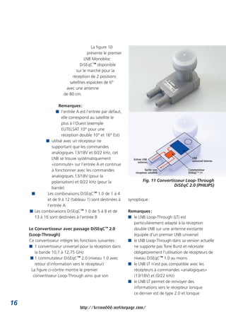 La figure 10
                                      présente le premier
                                    LNB Monobloc
                                  DiSEqC™ disponible
                               sur le marché pour la
                             réception de 2 positions
                           satellites espacées de 6°
                         avec une antenne
                        de 80 cm.

                     Remarques :
                    I l’entrée A est l’entrée par défaut,
                      elle correspond au satellite le
                      plus à l’Ouest (exemple
                      EUTELSAT 10° pour une
                      réception double 10° et 16° Est)
             I utilisé avec un récepteur ne
                 supportant que les commandes
                 analogiques 13/18V et 0/22 kHz, cet
                 LNB se trouve systématiquement                Entrée LNB                      LNB
                                                                                               universel interne
                                                                  externe
                 «commuté» sur l’entrée A et continue
                 à fonctionner avec les commandes                      Sortie vers
                                                                récepteur satellite
                                                                                             Commutateur
                                                                                             DiSEqC™ 2.0
                 analogiques 13/18V (pour la
                 polarisation) et 0/22 kHz (pour la                   Fig. 11 Convertisseur Loop-Through
                                                                                      DiSEqC 2.0 (PHILIPS)
                 bande)
      I       Les combinaisons DiSEqC™ 1.0 de 1 à 4
              et de 9 à 12 (tableau 1) sont destinées à     synoptique :
              l’entrée A
     I Les combinaisons DiSEqC™ 1.0 de 5 à 8 et de          Remarques :
       13 à 16 sont destinées à l’entrée B                  I le LNB Loop-Through (LT) est
                                                              particulièrement adapté à la réception
     Le Convertisseur avec passage DiSEqC™ 2.0                double LNB sur une antenne existante
     (Loop-Through)                                           équipée d’un premier LNB universel
     Ce convertisseur intègre les fonctions suivantes :     I le LNB Loop-Through dans sa version actuelle
     I 1 convertisseur universel pour la réception dans       ne supporte pas Tone Burst et nécessite
        la bande 10,7 à 12,75 GHz                             obligatoirement l’utilisation de récepteurs de
      I 1 commutateur DiSEqC™ 2.0 (niveau 1.0 avec            niveau DiSEqC™ 1.0 au moins
        retour d’information vers le récepteur)             I le LNB LT n’est pas compatible avec les
      La figure ci-contre montre le premier                   récepteurs à commandes «analogiques»
       convertisseur Loop-Through ainsi que son               (13/18V) et (0/22 kHz)
                                                            I le LNB LT permet de renvoyer des
                                                              informations vers le récepteur lorsque
                                                              ce dernier est de type 2.0 et lorsque

16
                                 http://krimo666.mylivepage.com/
 