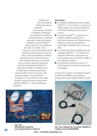 30 MHz aussi        Remarques :
                                          bien dans la bande     I Le récepteur satellite génère les messages
                                         VHF/UHF que dans la       DiSEqC™ 1.1 à son entrée. Il est calé sur la
                                      bande BIS.                   même fréquence en entrée (entre 950 et
                                   Au niveau de l’utilisateur,     2 150 MHz) quelle que soit la chaîne à
                                 un récepteur (analogique          recevoir.
                                ou numérique) est utilisé en     I Les signaux DiSEqC™ 1.1 générés par le
                              combinaison avec un dispositif       récepteur satellite contiennent les
                            particulier (modem) qui permet         informations relatives à la fréquence et au
                          d’injecter les signaux DiSEqC™           satellite à recevoir (commandes des
                         dans la collective à une fréquence        commutateurs DiSEqC™ pour le choix du
                       de l’ordre de 15 MHz. Cette                 LNB)
                      fréquence se situe dans la gamme des       I Le module de conversion BIS/BIS reçoit les
                    fréquences réservées pour la «voie de          messages DiSEqC™ 1.1, les interprète et
                   retour» dans les installations collectives.     envoie les informations nécessaires aux
                 L’équipement de la collective peut se             commutateurs pour la sélection du LNB (ou
                faire de façon progressive en occupant             de la descente coaxiale)
              dans un premier temps les fréquences               I Le module de conversion se cale sur la
             libres dans les bandes VHF/UHF (sans                  bonne fréquence en entrée à la demande
           nécessité de modifier l’installation) et en             du récepteur
           occupant dans un deuxième temps les
         fréquences BIS. On peut ainsi avec cette                La figure 19.b montre un exemple de module
        technique desservir une quarantaine                      de conversion BIS/BIS à syntonisation à
       d’utilisateurs (10 en VHF/UHF et 30 en BIS).              distance ainsi que le modem DiSEqC™ associé.
       La figure suivante montre une distribution
     collective DiSEqC™ 1.1 avec syntonisation
     à distance :




       Fig. 19.a.
       Distribution collective                                   Fig. 19.b. Module de conversion BIS/BIS et
       avec syntonisation à distance                             modem associé (KATHREIN)
22
                                   http://krimo666.mylivepage.com/
 