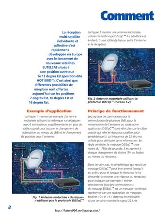 Comment
                                  La réception        La figure 2 montre une antenne motorisée
                                multi-satellite       utilisant la technique DiSEqC™. Le bénéfice est
                              individuelle et         évident : 1 seul câble de liaison entre l’antenne
                            collective s’est          et le récepteur
                          rapidement
                         développée en Europe
                       avec le lancement de
                       nouveaux satellites
                    EUTELSAT situés à
                   une position autre que
                 le 13 degrés Est (position dite
               HOT BIRD™). C’est ainsi que
              différentes possibilités de
             réception sont offertes
            aujourd’hui sur les positions
          7 degrés Est, 10 degrés Est et              Fig. 2 Antenne motorisée utilisant le
         16 degrés Est.                               protocole DiSEqC™ (niveau 1.2)


        Exemple d’application                         Principe de fonctionnement
       La figure 1 montre un exemple d’antenne        Les signaux de commande pour la
      motorisée utilisant la technique «analogique»   commutation de plusieurs LNB, pour la
     avec 6 conducteurs supplémentaires en plus du    motorisation de l’antenne ou toute autre
     câble coaxial pour assurer le changement de      application DiSEqC™ sont véhiculés par le câble
    polarisation au niveau du LNB et le changement    coaxial qui relie le récepteur satellite au(x)
    de position pour l’antenne.                       périphérique(s). La fréquence de 22 kHz est
                                                      utilisée pour véhiculer cette information. En
                                                      règle générale, le message DiSEqC™ dure
                                                      moins du 1/10e de seconde. Il est généré à
                                                      chaque changement de chaîne (TV ou Radio)
                                                      au niveau du récepteur.

                                                      Dans certains cas, le périphérique qui reçoit un
                                                      message DiSEqC™ peut être amené (lorsqu’il
                                                      est prévu pour et lorsque le récepteur le lui
                                                      demande) à envoyer une réponse au récepteur
                                                      pour indiquer par exemple, l’entrée
                                                      sélectionnée (cas des commutateurs).
                                                      Un message DiSEqC™ est un message numérique
                                                      représenté par une succession de messages
            Fig. 1 Antenne motorisée «classique»      binaires «0» et «1» obtenus en modulant
              n’utilisant pas le protocole DiSEqC™    d’une certaine manière le signal 22 kHz.

8
                              http://krimo666.mylivepage.com/
 