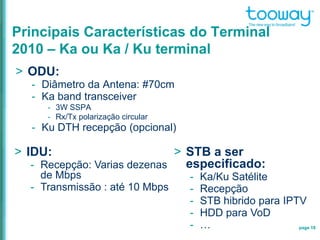 page 18
Principais Características do Terminal
2010 – Ka ou Ka / Ku terminal
> ODU:
- Diâmetro da Antena: #70cm
- Ka band transceiver
- 3W SSPA
- Rx/Tx polarização circular
- Ku DTH recepção (opcional)
> IDU:
- Recepção: Varias dezenas
de Mbps
- Transmissão : até 10 Mbps
> STB a ser
especificado:
- Ka/Ku Satélite
- Recepção
- STB hibrido para IPTV
- HDD para VoD
- …
 
