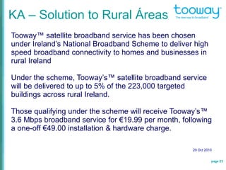 KA – Solution to Rural Áreas
page 23
Tooway™ satellite broadband service has been chosen
under Ireland’s National Broadband Scheme to deliver high
speed broadband connectivity to homes and businesses in
rural Ireland
Under the scheme, Tooway’s™ satellite broadband service
will be delivered to up to 5% of the 223,000 targeted
buildings across rural Ireland.
Those qualifying under the scheme will receive Tooway’s™
3.6 Mbps broadband service for €19.99 per month, following
a one-off €49.00 installation & hardware charge.
29 Oct 2010
 
