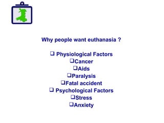 Why people want euthanasia ?
 Physiological Factors
Cancer
Aids
Paralysis
Fatal accident
 Psychological Factors
Stress
Anxiety
 