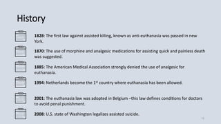 History
1828: The first law against assisted killing, known as anti-euthanasia was passed in new
York.
1870: The use of morphine and analgesic medications for assisting quick and painless death
was suggested.
1885: The American Medical Association strongly denied the use of analgesic for
euthanasia.
1994: Netherlands become the 1st country where euthanasia has been allowed.
2001: The euthanasia law was adopted in Belgium –this law defines conditions for doctors
to avoid penal punishment.
2008: U.S. state of Washington legalizes assisted suicide.
13
 