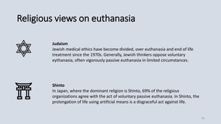 Religious views on euthanasia
Judaism
Jewish medical ethics have become divided, over euthanasia and end of life
treatment since the 1970s. Generally, Jewish thinkers oppose voluntary
eythanasia, often vigorously passive euthanasia in limited circumstances.
Shinto
In Japan, where the dominant religion is Shinto, 69% of the religious
organizations agree with the act of voluntary passive euthanasia. In Shinto, the
prolongation of life using artificial means is a disgraceful act against life.
19
 