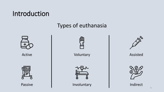 Introduction
Types of euthanasia
Active
Passive
Voluntary
Involuntary
Assisted
Indirect
4
 