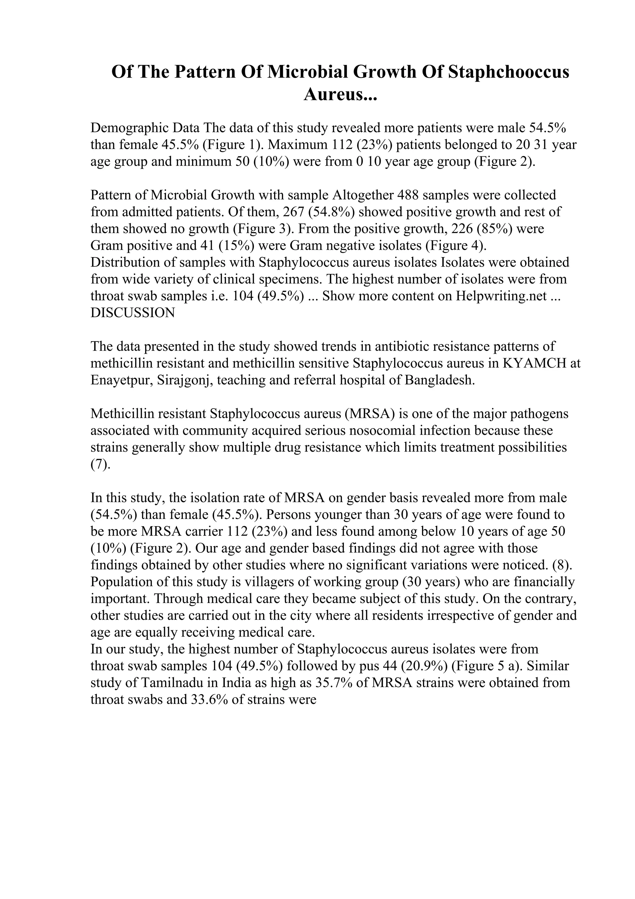 Of The Pattern Of Microbial Growth Of Staphchooccus
Aureus...
Demographic Data The data of this study revealed more patients were male 54.5%
than female 45.5% (Figure 1). Maximum 112 (23%) patients belonged to 20 31 year
age group and minimum 50 (10%) were from 0 10 year age group (Figure 2).
Pattern of Microbial Growth with sample Altogether 488 samples were collected
from admitted patients. Of them, 267 (54.8%) showed positive growth and rest of
them showed no growth (Figure 3). From the positive growth, 226 (85%) were
Gram positive and 41 (15%) were Gram negative isolates (Figure 4).
Distribution of samples with Staphylococcus aureus isolates Isolates were obtained
from wide variety of clinical specimens. The highest number of isolates were from
throat swab samples i.e. 104 (49.5%) ... Show more content on Helpwriting.net ...
DISCUSSION
The data presented in the study showed trends in antibiotic resistance patterns of
methicillin resistant and methicillin sensitive Staphylococcus aureus in KYAMCH at
Enayetpur, Sirajgonj, teaching and referral hospital of Bangladesh.
Methicillin resistant Staphylococcus aureus (MRSA) is one of the major pathogens
associated with community acquired serious nosocomial infection because these
strains generally show multiple drug resistance which limits treatment possibilities
(7).
In this study, the isolation rate of MRSA on gender basis revealed more from male
(54.5%) than female (45.5%). Persons younger than 30 years of age were found to
be more MRSA carrier 112 (23%) and less found among below 10 years of age 50
(10%) (Figure 2). Our age and gender based findings did not agree with those
findings obtained by other studies where no significant variations were noticed. (8).
Population of this study is villagers of working group (30 years) who are financially
important. Through medical care they became subject of this study. On the contrary,
other studies are carried out in the city where all residents irrespective of gender and
age are equally receiving medical care.
In our study, the highest number of Staphylococcus aureus isolates were from
throat swab samples 104 (49.5%) followed by pus 44 (20.9%) (Figure 5 a). Similar
study of Tamilnadu in India as high as 35.7% of MRSA strains were obtained from
throat swabs and 33.6% of strains were
 