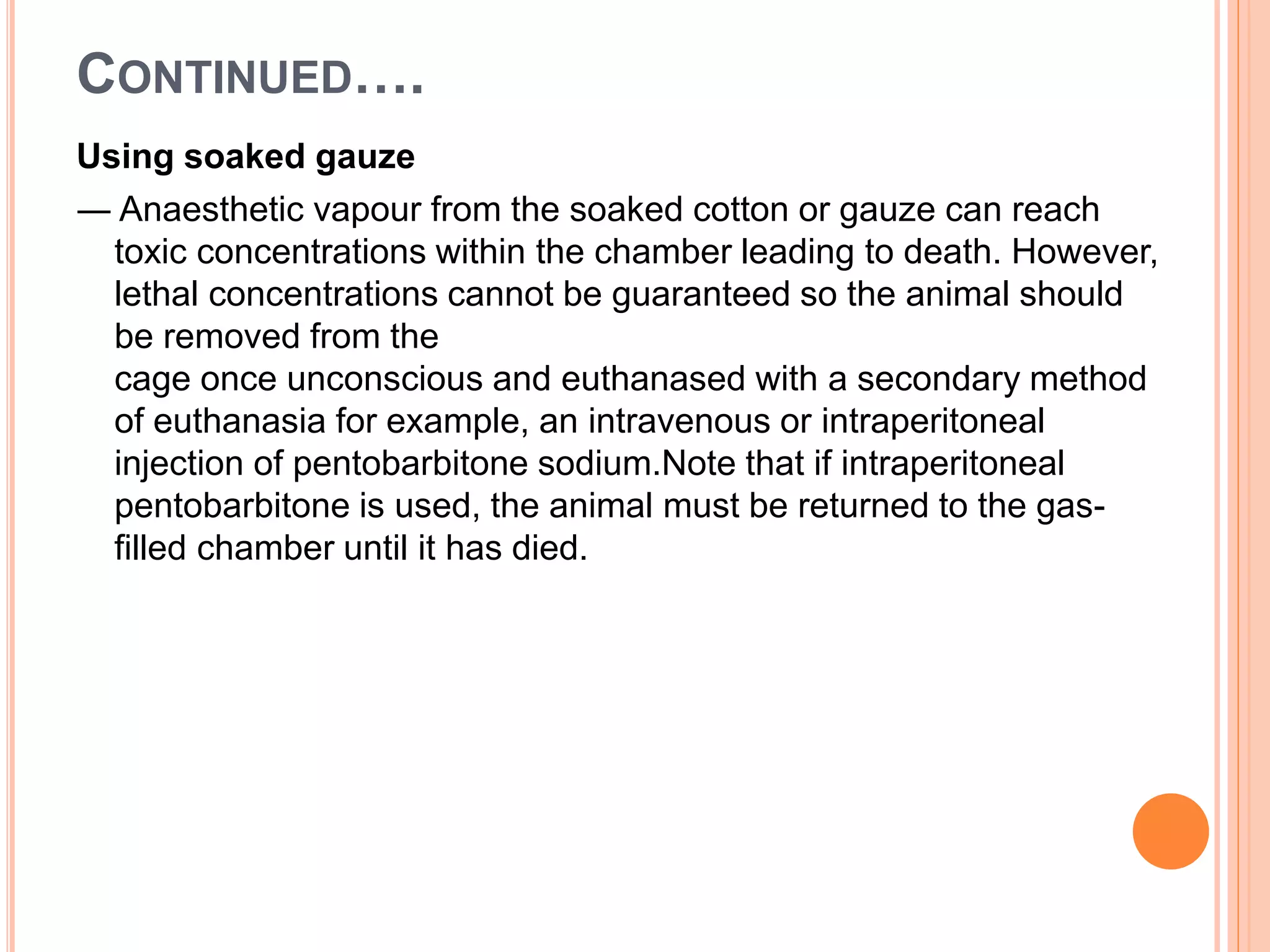 CONTINUED….
Using soaked gauze
― Anaesthetic vapour from the soaked cotton or gauze can reach
toxic concentrations within the chamber leading to death. However,
lethal concentrations cannot be guaranteed so the animal should
be removed from the
cage once unconscious and euthanased with a secondary method
of euthanasia for example, an intravenous or intraperitoneal
injection of pentobarbitone sodium.Note that if intraperitoneal
pentobarbitone is used, the animal must be returned to the gas-
filled chamber until it has died.
 