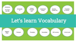 Let’s learn Vocabulary
Euthanize
Put down
their life
terminally
ill
slippery
slope
intentional
killing
devalue
human life
∙ freedom
of choice
relieve
extreme
pain
Paralyze Parapligic Quarapligic Kill humanly chronic pain
 