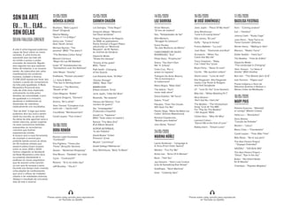 12/05/2020
MÓNICA ALONSO
Bauhaus, “Bela Lugosi's
Dead” (Original)
Mischa Maisky,
“Suite nº 1 in G Major”
Amos Lee, “Colors”
(feat. Norah Jones)
Michael Nyman, “The
promise” (BSO “The piano”)
“The Rainbow Colors Song”
Manuel Carrasco,
“Mujer De Las Mil Batallas”
Israel “IZ” Kamakawiwo´ole,
“Somewhere over the Rainbow”
John Meyer, “Gravity”
Kraftwerk, “Pocket calculator”
J.J. Grey  Mofro,
“The Sun Is Shining Down”
Florence + The Machine,
“Breath of life”
Clare Maguire, “Bullet”
Imagine Dragons, “Demons”
Anoice, “All is white”
Yann Tiersen “Comptine d`un
autre ete – l`apres-midi”
CocoRosie, “Rainbowarriors”
Cyndi Lauper, “True Colors”
18/06/2020
DORA ROMÁN
Electric Light Orchestra:
“Confusión”
Foo Fighters, “Times Like
These” (Acoustic Version)
Queen - “Bohemian Rhapsody”
Ana Moura - “Desfado” (en vivo)
Cycle - “Confusion!!!”
Rosana - “Si tú no estás aquí”
Jeff Buckley - “You  I”
13/05/2020
CARMEN CHACÓN
Los Salvajes, “Todo Negro”
Gregorio Allegri, “Miserere
mei Deus tenebrae”
Xogos Olímpicos de Nagano
no 1998, os patinadores
Pasha Grishuk e Evgeni Platov
adicáronlle un “Memorial
Requiem”, de M. Nyman,
ás víctimas de Sarajevo
Depeche Mode,
“Shake the disease”
“Enemy at the gates”
BSO, “Tania”
Patti Smith - Changing
of the Guards
Luis Eduardo Aute, “Al Alba”
“Doctor Zhivago”
(1965): “Main Title”
BARRICADA
(Hasta siempre Tensi)
Janis Joplin, “Little Girl Blue”
Rosendo, “No dudaría”
Héroes del Silencio, “Con
nombre de guerra”
Sia, “Unstoppable”
(Traducida a Español)
Ismaël Lô, “Tajabone”
(BSO “Todo sobre mi madre”)
Rancid, “The Wars End”
(Full Album Stream)
SOPOR AETERNUS,
“In der Palästra”
David Bowie “Under
Pressure” (Live)
Mozart, “Lacrimosa”
Guadi Galego,”Matriarcas”
Amy Winehouse, “Back To Black”
SON DA ARTE
EU... TI... ELAS...
SON DELAS
SILVIA FIALLEGA LORENZO
A arte é unha linguaxe poderosa
capaz de facer vibrar os nosos
sentidos. É unha forma de
expresión que vai máis alá
do visible e posúe o poder
evocador da memoria. Alguén
dixo algunha vez que estamos
feitos de historias, e os museos
tamén. As coleccións son unha
manifestación da condición
humana, múltiple e diversa.
O DIM 2020 aposta por facer dos
museos o punto de converxencia
da loita pola igualdade. A Rede
Museística Provincial leva
máis de vinte anos implicada
activamente na loita polos
dereitos da comunidade, a prol
da igualdade e a inclusión,
apoiando e visibilizando as
demandas de colectivos
habitualmente non escoitados.
“Son da Arte” é algo que todxs
podemos dicir (eu son) e tamén
sentir (eu escoito, eu percibo).
As obras de arte agochan sons e
tamén silencios, poden espertar
na nosa consciencia melodías
esquecidas ou recordarnos
cancións que ilustran
experiencias vividas.
A música será a nosa ferramenta
de inclusión e servirá para
poñerlle banda sonora ás obras
de 50 mulleres artistas que
pasaron polos nosos museos
entre os anos 2018 e 2020.
Iremos colgando no facebook
da Rede Museística unha obra
ou proxecto diariamente e
pedirase ós nosos seguidores
que lle asocien unha canción
ou son que lle evoque a peza.
Durante ese tempo irase creando
unha playlist do confinamento,
que será o reflexo de múltiples
olladas e de realidades diversas.
Velaquí o resultado de cincuenta
días de arte e música!
14/05/2020
LUZ DARRIBA
Victor Manuel,
“El tren de madera”
Ses, “Tempestades de Sal”
Wim Mertens,
“Struggle for pleasure”
Dulce Pontes,
“As sete Mulheres do Minho”
CANCIONERO DE SILVIO
RODRIGUEZ, “Eva”
Philip Glass, “Prophecies”
Grace, “You Don't Own
Me” ft. G-Eazy”
Celia Cruz, “Por si
acaso no regreso”
Triángulo De Amor Bizarro,
“De la monarquía a
la criptocracia”
Mano Negra, “Mala Vida”
The Adicts, “You'll
never walk alone”
Gloria Estefan, “Mi Tierra”
Salem, “Frost”
Placebo, “Then The Clouds
Will Open For Me”
Pasión Vega, “Maria Se Bebe Las
Calles” (Directo Maestranza)
Richard Clayderman,
“Balada para Adelina”
Joss Stone, “Karma”
24/05/2020
MARINA NÚÑEZ
Laurie Anderson - “Language Is
A Virus (From Outer Space)”
Moloko - “Fun For Me”
Amos Lee - “Arms Of A Woman”
Beck - “Hell Yes”
Joy Division - “She’s Lost Control
(Live At Something Else Show)”
Goldfrapp - “Strict Machine”
Hole - “Celebrity Skin”
16/05/2020
M XOSÉ DOMÍNGUEZ
Janis Joplin - “Piece Of My Heart”
Amy Winehouse -
“Love Is A Losing Game”
Etta James, “At Last”
Duffy - “Syrup  Honey”
Franco Battiato - “La cura”
Joan Baez - “Diamonds and Rust”
Scorpions - “When You
Came Into My Life”
Tracy Chapman - “Baby
Can I Hold You” (Live)
Bryan Ferry - “Slave To Love”
Cecilia - “Me quedaré soltera”
Gloria Lasso - “Luna de miel”
Ella Fitzgerald - Ella Fitzgerald
meets Cole Porter  Rodgers
and Hart Songbook
LP - “Lost On You” [Live Session]
Billy Idol - “White Wedding Pt 1”
Nina Simone -
“Ain't Got No, I Got Life”
The Beatles - “The Honeymoon
Song” (Live At The BBC
For “Pop Go The Beatles”
/ 6th August, 1963)
Céline Dion - “Why Oh Why”
Leonard Cohen -
“Dance Me to the End of Love”
Bobby Darin - “Dream Lover”
17/05/2020
BASILISA FIESTRAS
Korn - “Coming undone”
Izal – “Hambre”
Johnny Cash - “Rusty Cage”
Juan Perro - “Esta Tierra no
Tiene Corazón” (Directo)
Nicole Henry - “Waiting In Vain”
Macaco - “Madre Tierra”
Eddie Vedder - “Hard Sun”
The Beatles - “Free As A Bird”
Depeche Mode -
“The Landscape Is Changing”
Yann Tiersen - “La Valse d'
Amelie” (BSO Amélie)
Bon Iver - “The Wolves (Act I  II)”
Iván Ferreiro - “Pájaro azul”
Flauta indígena e Sons da
Natureza Acalmar e Relaxar a
Mente Clube da Meditação
18/05/2020
MARY PAIS
Paloma Suances - “Mandad’
ei comigo” (Martín Codax)
Helly Luv – “Revolution”
Zeca Afonso -
“Canção de Embalar”
Muslim – “LaLLa”
Manu Chao – “Clandestino”
Cyndi Lauper - “Time After Time”
Miss Raisa - “No lo soy pero”
The Alan Parson Project
- “Voyager Extended”
SAODAJ’ - “5/8 (Sink Wit)”
The Alan Parson Project –
“Sirius”, “Eye in the sky”
Buika - “No Habrá Nadie
En El Mundo”
Chambao - “Papeles Mojados”
Preme sobre cada canción para reproducila
en YouTube ou Spotify
Preme sobre cada canción para reproducila
en YouTube ou Spotify
 