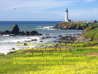 Eu me rendi e aceitei que eu tinha que aceitar.
         Aceitei para deixar de sofrer,
        para lançar fora o meu orgulho,
a minha prepotência e para voltar à simplicidade
da Natureza, que trata a todos da mesma maneira,
                 sem favoritismo
 