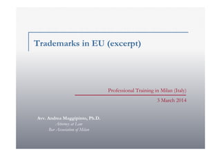 Trademarks in EU (excerpt)

Professional Training in Milan (Italy)
3 March 2014
Avv. Andrea Maggipinto, Ph.D.
Attorney at Law
Bar Association of Milan

 