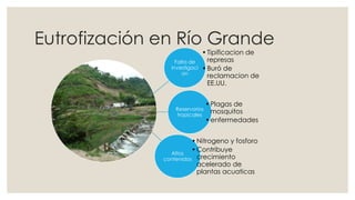 Eutrofización en Río Grande 
Falta de 
investigaci 
on 
• Tipificacion de 
represas 
•Buró de 
reclamacion de 
EE.UU. 
Reservorios 
tropicales 
• Plagas de 
mosquitos 
•enfermedades 
Altos 
• Nitrogeno y fosforo 
•Contribuye 
crecimiento 
acelerado de 
plantas acuaticas 
contenidos 
 
