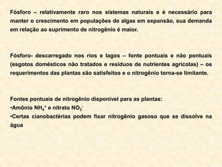 Fósforo – relativamente raro nos sistemas naturais e é necessário para
manter o crescimento em populações de algas em expansão, sua demanda
em relação ao suprimento de nitrogênio é maior.
Fósforo- descarregado nos rios e lagos – fonte pontuais e não pontuais
(esgotos domésticos não tratados e resíduos de nutrientes agrícolas) – os
requerimentos das plantas são satisfeitos e o nitrogênio torna-se limitante.
Fontes pontuais de nitrogênio disponível para as plantas:
•Amônio NH4
+ e nitrato NO3
-
•Certas cianobactérias podem fixar nitrogênio gasoso que se dissolve na
água
 