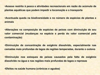 •Acesso restrito à pesca e atividades recreacionais em razão do acúmulo de
plantas aquáticas que podem impedir a locomoção e o transporte
•Acentuada queda na biodiversidade e no número de espécies de plantas e
animais
•Alterações na composição de espécies de peixes com diminuição de seu
valor comercial (mudanças na espécie e perda do valor comercial pela
contaminação)
•Diminuição da concentração de oxigênio dissolvido, especialmente nas
camadas mais profundas de lagos de regiões temperadas, durante o outono
•Diminuição nos estoques de peixes causados pela falta de oxigênio
dissolvido na água e nas regiões mais profundas de lagos e represas
•Efeitos na saúde humana (crônicos e agudos)
 