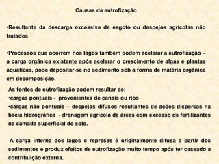 Causas da eutrofização
•Resultante da descarga excessiva de esgoto ou despejos agrícolas não
tratados
•Processos que ocorrem nos lagos também podem acelerar a eutrofização –
a carga orgânica existente após acelerar o crescimento de algas e plantas
aquáticas, pode depositar-se no sedimento sob a forma de matéria orgânica
em decomposição.
As fontes de eutrofização podem resultar de:
•cargas pontuais - provenientes de canais ou rios
•cargas não pontuais – despejos difusos resultantes de ações dispersas na
bacia hidrográfica - drenagem agrícola de áreas com excesso de fertilizantes
na camada superficial do solo.
A carga interna dos lagos e represas é originalmente difusa a partir dos
sedimentos e produz efeitos de eutrofização muito tempo após ter cessado a
contribuição externa.
 