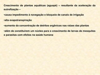 Crescimento de plantas aquáticas (aguapé) – resultante da aceleração da
eutrofização –
•causa impedimento à navegação e bloqueio de canais de irrigação
•alta evapotranspiração
•aumento da concentração de detritos orgânicos nas raízes das plantas
•além de constituírem um núcleo para o crescimento de larvas de mosquitos
e parasitas com efeitos na saúde humana
 