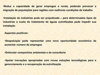 •Reduz a capacidade de gerar empregos e renda, podendo provocar a
migração de populações para regiões com melhores condições de trabalho
•Instalação de indústrias pode ser prejudicada – para determinados tipos de
industrias o custo do tratamento de águas eutrofizadas pode impedir sua
instalação
Aspectos positivos:
•Despoluição pode representar uma nova oportunidade econômica de
aumentar número de empregos
•Estimular companhias ambientais e de consultoria
•Apoiar inovações apropriadas com novas soluções tecnológicas para o
gerenciamento e a recuperação da eutrofização
 