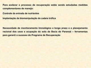 Para acelerar o processo de recuperação estão sendo estudadas medidas
complementares de manejo:
Controle da entrada de nutrientes
Implantação da biomanipulação da cadeia trófica
Necessidade de monitoramento limnológico a longo prazo e o planejamento
racional dos usos e ocupação do solo da Bacia do Paranoá – ferramentas
para garanti o sucesso do Programa de Recuperação
 
