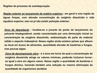 Regiões do processo de autodepuração:
Região anterior ao lançamento de matéria orgânica - em geral é uma região de
águas limpas, com elevada concentração de oxigênio dissolvido e vida
aquática superior, isso se já não existir poluição anterior;
Zona de degradação - localiza-se a jusante do ponto de lançamento do
poluente biodegradável, sendo caracterizada por uma diminuição inicial na
concentração de oxigênio dissolvido, sedimentação de parte do material
sólido e aspecto indesejável. Nessa região ainda existem peixes que afluem
ao local em busca de alimentos, quantidade elevada de bactérias e fungos,
mas poucas algas;
Zona de decomposição ativa - é a zona em torno da qual a concentração de
oxigênio dissolvido atinge os valores mínimos, podendo inclusive tornar-
se igual a zero em alguns casos. Nessa região a quantidade de bactérias e
fungos diminui, havendo também uma redução ou mesmo eliminação da
quantidade de organismos aeróbios
 