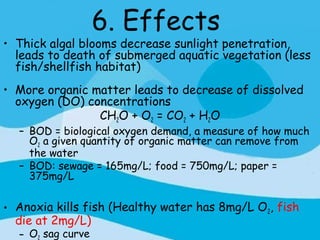 6. Effects
• Thick algal blooms decrease sunlight penetration,
  leads to death of submerged aquatic vegetation (less
  fish/shellfish habitat)
• More organic matter leads to decrease of dissolved
  oxygen (DO) concentrations
                CH2O + O2 = CO2 + H2O
  – BOD = biological oxygen demand, a measure of how much
    O2 a given quantity of organic matter can remove from
    the water
  – BOD: sewage = 165mg/L; food = 750mg/L; paper =
    375mg/L


• Anoxia kills fish (Healthy water has 8mg/L O2, fish
  die at 2mg/L)
  – O2 sag curve
 