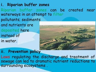 i. Riparian buffer zones
Riparian buffer zones can be created near
waterways in an attempt to filter
pollutants; sediments
and nutrients are
deposited here
instead of
in water.

ii. Prevention policy
Laws regulating the discharge and treatment of
sewage can led to dramatic nutrient reductions to
surrounding ecosystems .
 