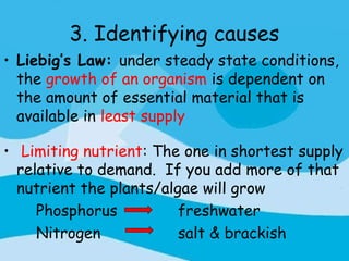3. Identifying causes
• Liebig’s Law: under steady state conditions,
  the growth of an organism is dependent on
  the amount of essential material that is
  available in least supply

• Limiting nutrient: The one in shortest supply
  relative to demand. If you add more of that
  nutrient the plants/algae will grow
     Phosphorus          freshwater
     Nitrogen            salt & brackish
 