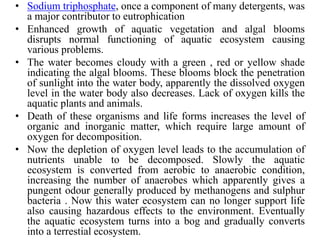 • Sodium triphosphate, once a component of many detergents, was
a major contributor to eutrophication
• Enhanced growth of aquatic vegetation and algal blooms
disrupts normal functioning of aquatic ecosystem causing
various problems.
• The water becomes cloudy with a green , red or yellow shade
indicating the algal blooms. These blooms block the penetration
of sunlight into the water body, apparently the dissolved oxygen
level in the water body also decreases. Lack of oxygen kills the
aquatic plants and animals.
• Death of these organisms and life forms increases the level of
organic and inorganic matter, which require large amount of
oxygen for decomposition.
• Now the depletion of oxygen level leads to the accumulation of
nutrients unable to be decomposed. Slowly the aquatic
ecosystem is converted from aerobic to anaerobic condition,
increasing the number of anaerobes which apparently gives a
pungent odour generally produced by methanogens and sulphur
bacteria . Now this water ecosystem can no longer support life
also causing hazardous effects to the environment. Eventually
the aquatic ecosystem turns into a bog and gradually converts
into a terrestial ecosystem.
 