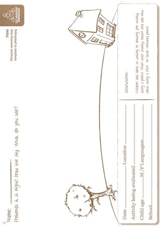 1010
Date............................Location..........................
Activitybeingevaluated........................................
Childage..............M/FLanguages:.......................
School...................................................................
Pretendsitisnight!Drawthesky.Whatdoyousee?
Name:
Instructions:
Childrenaddideasaswritingordrawing,preactivity,
usingapencil.Aftertheiractivity,returnandaddnew
ideasusingaPENorBLUEcolouredpencil
PMM
Personalmeaningmap
templatetophotocopy
School...................................................................
 