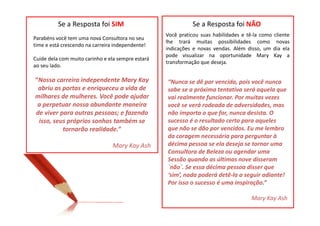 Se a Resposta foi SIM                               Se a Resposta foi NÃO
                                                   Você praticou suas habilidades e tê-la como cliente
Parabéns você tem uma nova Consultora no seu
                                                   lhe trará muitas possibilidades como novas
time e está crescendo na carreira independente!
                                                   indicações e novas vendas. Além disso, um dia ela
                                                   pode visualizar na oportunidade Mary Kay a
Cuide dela com muito carinho e ela sempre estará
                                                   transformação que deseja.
ao seu lado.

“Nossa carreira independente Mary Kay              LEMBRE-SE: ÀS VEZES NÃO CHEGOU AINDA
                                                   “Nunca se dê por vencida, pois você nunca
 abriu as portas e enriqueceu a vida de            sabeMOMENTO DESSA PESSOA.aquela que
                                                      O se a próxima tentativa será GUARDE
milhares de mulheres. Você pode ajudar             vai TODAS AS SUAS INFORMAÇÕESvezes
                                                        realmente funcionar. Por muitas E DE
 a perpetuar nossa abundante maneira                TEMPOS EM TELEMBRE-SE: ÀS VEZES NÃO
                                                   você se verá rodeada de adversidades, mas
de viver para outras pessoas; e fazendo            não importa AINDA O MOMENTO DESSA
                                                       CHEGOU o que for, nunca desista. O
 isso, seus próprios sonhos também se                    PESSOA. GUARDE TODAS AS SUAS
                                                   sucesso é o resultado certo para aqueles
          tornarão realidade.”                     INFORMAÇÕESpor vencidos. Eu meTEMPOS,
                                                   que não se dão E DE TEMPOS EM lembro
                                                   da coragem necessária para perguntar à
                                                               VOLTE A CONTATÁ-LA.
                                 Mary Kay Ash      décimaMPOS, VOLTE deseja se tornar uma
                                                            pessoa se ela A CONTATÁ-LA.
                                                   Consultora de Beleza ou agendar uma
                                                   Sessão quando as últimas nove disseram
                                                   `não`. Se essa décima pessoa disser que
                                                   ‘sim’, nada poderá detê-la a seguir adiante!
                                                   Por isso o sucesso é uma inspiração.”

                                                                                      Mary Kay Ash
 
