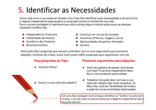 5. Identificar as Necessidades
Como você ouviu a sua possível Iniciada, ficou mais fácil identificar suas necessidades e de que forma
o negócio independente pode ajudá-la a conquistar sonhos e transformar sua vida.
Para uma boa sondagem é importante que você conheça alguns motivos pelos quais as pessoas
ingressam na Mary Kay.

     Independência Financeira                       Construir um círculo de amizado
     Flexibilidade de Horário                       Incentivos (Prêmios, Viagens, Carro)
     Excelência dos Produtos                        Oportunidades de ganhos Ilimitados
     Reconhecimentos                                Carreira

Você pode fazer perguntas que possam contribuir com os seus argumentos para possíveis
objeções. Estimule ela a falar, assim você estará 100% preparada para argumentar com ela.

            Faça perguntas do Tipo:                    Possíveis argumentos para objeções:

                Você tem filhos?                          Você não gostaria de passar mais tempo
                                                          com eles? A carreira independente Mary
                                                          Kay é uma excelente oportunidade.

                                                          Trabalhar fora pode fazer com que a sua
                Como é a sua rotina de trabalho?          rotina de trabalho seja muito cansativa, na
                                                          Mary Kay você tem flexibilidade de horário,
                                                          e pode ter a suas prioridades balanceadas.

                                    Com uma Boa Sondagem você consegue identificar os “Sonhos” da potencial
                                    iniciada, e vincular todas as oportunidade que o Negócio Independente Mary
                                    Kay pode oferecer.
 