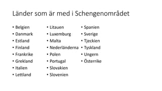 Länder som är med i Schengenområdet
• Belgien
• Danmark
• Estland
• Finland
• Frankrike
• Grekland
• Italien
• Lettland
• Litauen
• Luxemburg
• Malta
• Nederländerna
• Polen
• Portugal
• Slovakien
• Slovenien
• Spanien
• Sverige
• Tjeckien
• Tyskland
• Ungern
• Österrike
 
