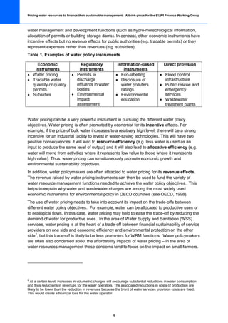 Pricing water resources to finance their sustainable management: A think-piece for the EUWI Finance Working Group



water management and development functions (such as hydro-meteorological information,
allocation of permits or building storage dams). In contrast, other economic instruments have
incentive effects but no revenue effects for public authorities (e.g. tradable permits) or they
represent expenses rather than revenues (e.g. subsidies).
Table 1. Examples of water policy instruments

    Economic                     Regulatory                  Information-based            Direct provision
   instruments                  instruments                     instruments
• Water pricing              • Permits to                   • Eco-labelling            • Flood control
• Tradable water               discharge                    • Disclosure of              infrastructure
  quantity or quality          effluents in water              water polluters         • Public rescue and
  permits                      bodies                          ratings                   emergency
• Subsidies                  • Environmental                • Environmental              services
                               impact                          education               • Wastewater
                               assessment                                                treatment plants


Water pricing can be a very powerful instrument in pursuing the different water policy
objectives. Water pricing is often promoted by economist for its incentive effects. For
example, if the price of bulk water increases to a relatively high level, there will be a strong
incentive for an industrial facility to invest in water-saving technologies. This will have two
positive consequences: it will lead to resource efficiency (e.g. less water is used as an
input to produce the same level of output) and it will also lead to allocative efficiency (e.g.
water will move from activities where it represents low value to those where it represents
high value). Thus, water pricing can simultaneously promote economic growth and
environmental sustainability objectives.
In addition, water policymakers are often attracted to water pricing for its revenue effects.
The revenue raised by water pricing instruments can then be used to fund the variety of
water resource management functions needed to achieve the water policy objectives. This
helps to explain why water and wastewater charges are among the most widely used
economic instruments for environmental policy in OECD countries (see OECD, 1998).
The use of water pricing needs to take into account its impact on the trade-offs between
different water policy objectives. For example, water can be allocated to productive uses or
to ecological flows. In this case, water pricing may help to ease the trade-off by reducing the
demand of water for productive uses. In the area of Water Supply and Sanitation (WSS)
services, water pricing is at the heart of a trade-off between financial sustainability of service
providers on one side and economic efficiency and environmental protection on the other
side 2, but this trade-off is likely to be less prominent for WRM functions. Water policymakers
are often also concerned about the affordability impacts of water pricing – in the area of
water resources management these concerns tend to focus on the impact on small farmers.




2
  At a certain level, increases in volumetric charges will encourage substantial reductions in water consumption
and thus reductions in revenues for the water operators. The associated reductions in costs of production are
likely to be lower than the reduction in revenues because the brunt of water services provision costs are fixed.
This would create a financial loss for the water operator.




                                                        4
 