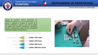 Carrera: Técnico Superior en Odontología
INSTRUMENTAL DE ODONTOLOGIA
2
Agujas de punción. Vienen preparadas en
recipientes estériles que son similares entre sí. Su
grosor y longitud es variable en función de la
técnica anestésica a realizar y por ello se dividen
en agujas para técnicas anestésicas infiltrativas
(cortas y ultracortas) y para técnicas anestésicas
tronculares (largas y más gruesas).
 