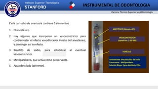 Carrera: Técnico Superior en Odontología
INSTRUMENTAL DE ODONTOLOGIA
2
Cada cartucho de anestesia contiene 5 elementos
1. El anestésico.
2. Hay algunos que incorporan un vasoconstrictor para
contrarrestar el efecto vasodilatador innato del anestésico,
y prolongar así su efecto.
3. Bisulfito de sodio, para estabilizar al eventual
vasoconstrictor.
4. Metilparabeno, que actúa como preservante.
5. Agua destilada (solvente).
 