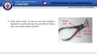 Carrera: Técnico Superior en Odontología
INSTRUMENTAL DE ODONTOLOGIA
 Pinzas porta clamps: Se trata de una pinza acodada y
angulada en su parte activa que sirve para llevar el clamps,
solo o con el dique de goma, al diente.
 