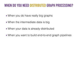 WHEN DO YOU NEED DISTRIBUTED GRAPH PROCESSING?
▸ When you do have really big graphs
▸ When the intermediate data is big
▸ When your data is already distributed
▸ When you want to build end-to-end graph pipelines
 