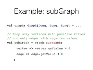 Example: subGraph
val graph: Graph[Long, Long, Long] = ... 
 
// keep only vertices with positive values 
// and only edges with negative values 
val subGraph = graph.subgraph(
vertex => vertex.getValue > 0,
edge => edge.getValue < 0
)
 