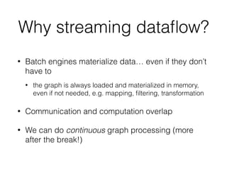 Why streaming dataﬂow?
• Batch engines materialize data… even if they don’t
have to
• the graph is always loaded and materialized in memory,
even if not needed, e.g. mapping, ﬁltering, transformation
• Communication and computation overlap
• We can do continuous graph processing (more
after the break!)
 