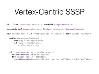 Vertex-Centric SSSP
final class SSSPComputeFunction extends ComputeFunction {
override def compute(vertex: Vertex, messages: MessageIterator) = {
var minDistance = if (vertex.getId == srcId) 0 else Double.MaxValue
while (messages.hasNext) {
val msg = messages.next
if (msg < minDistance)
minDistance = msg
}
if (vertex.getValue > minDistance) {
setNewVertexValue(minDistance)
for (edge: Edge <- getEdges)
sendMessageTo(edge.getTarget, vertex.getValue + edge.getValue)
}
 